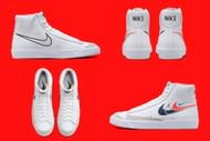 The upcoming Nike Blazer Mid '77 sneakers pay homage to the Carolyn Davidson-designed swoosh logo (Image via Sportskeeda)